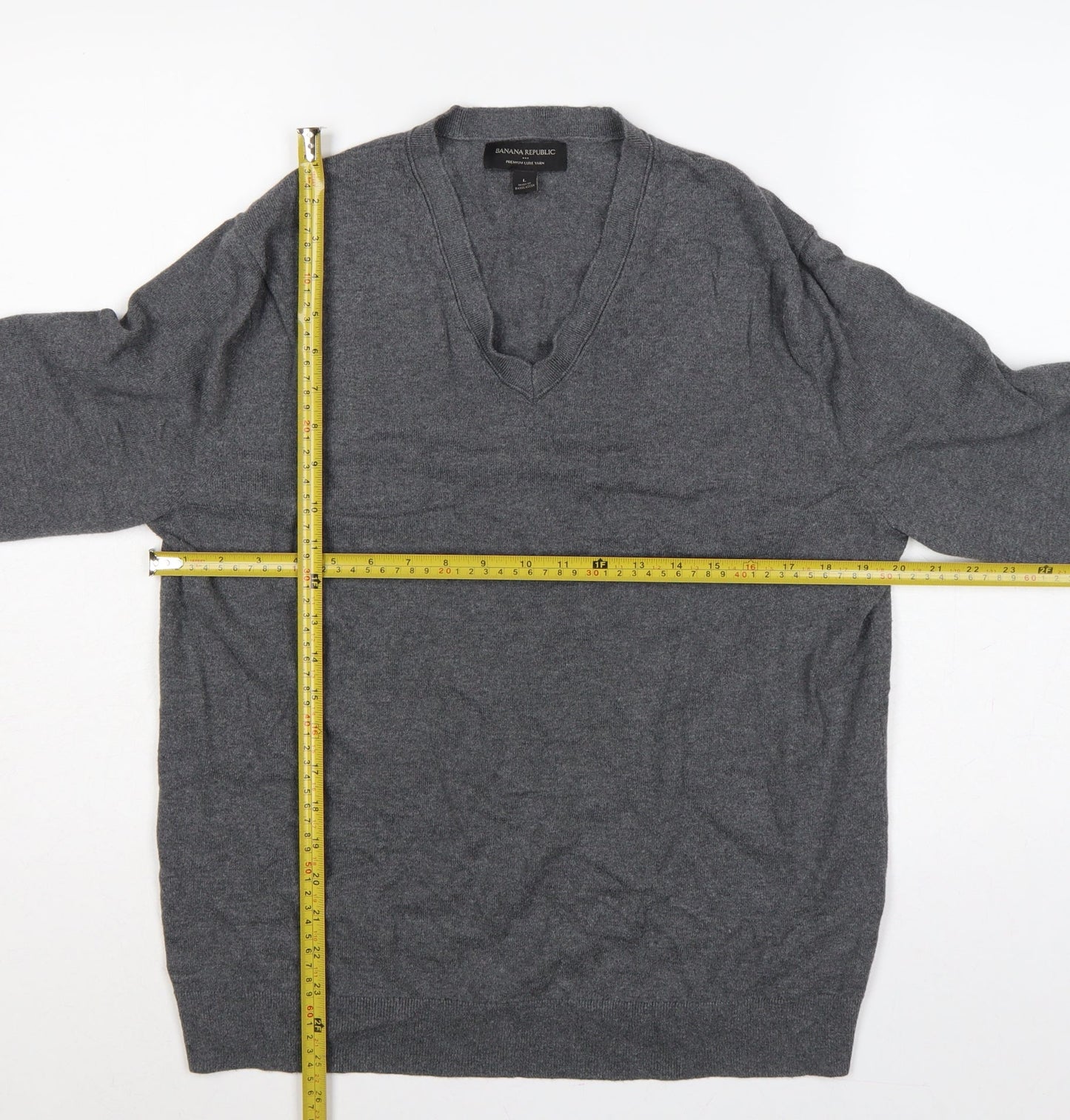 Banana Republic Men’s Grey L V-Neck Cotton Cashmere Pullover Jumper