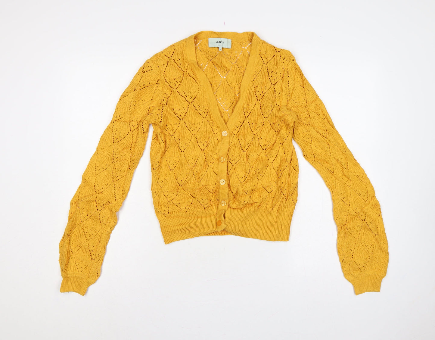 Moves Women Yellow S Open Knit Cotton V-Neck Button Cardigan