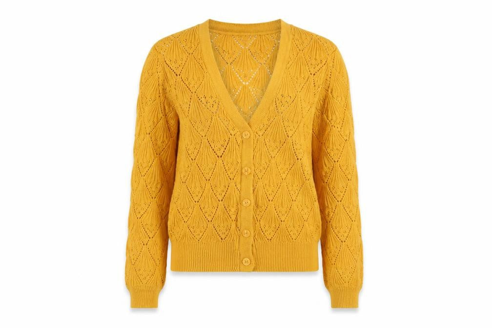 Moves Women Yellow S Open Knit Cotton V-Neck Button Cardigan