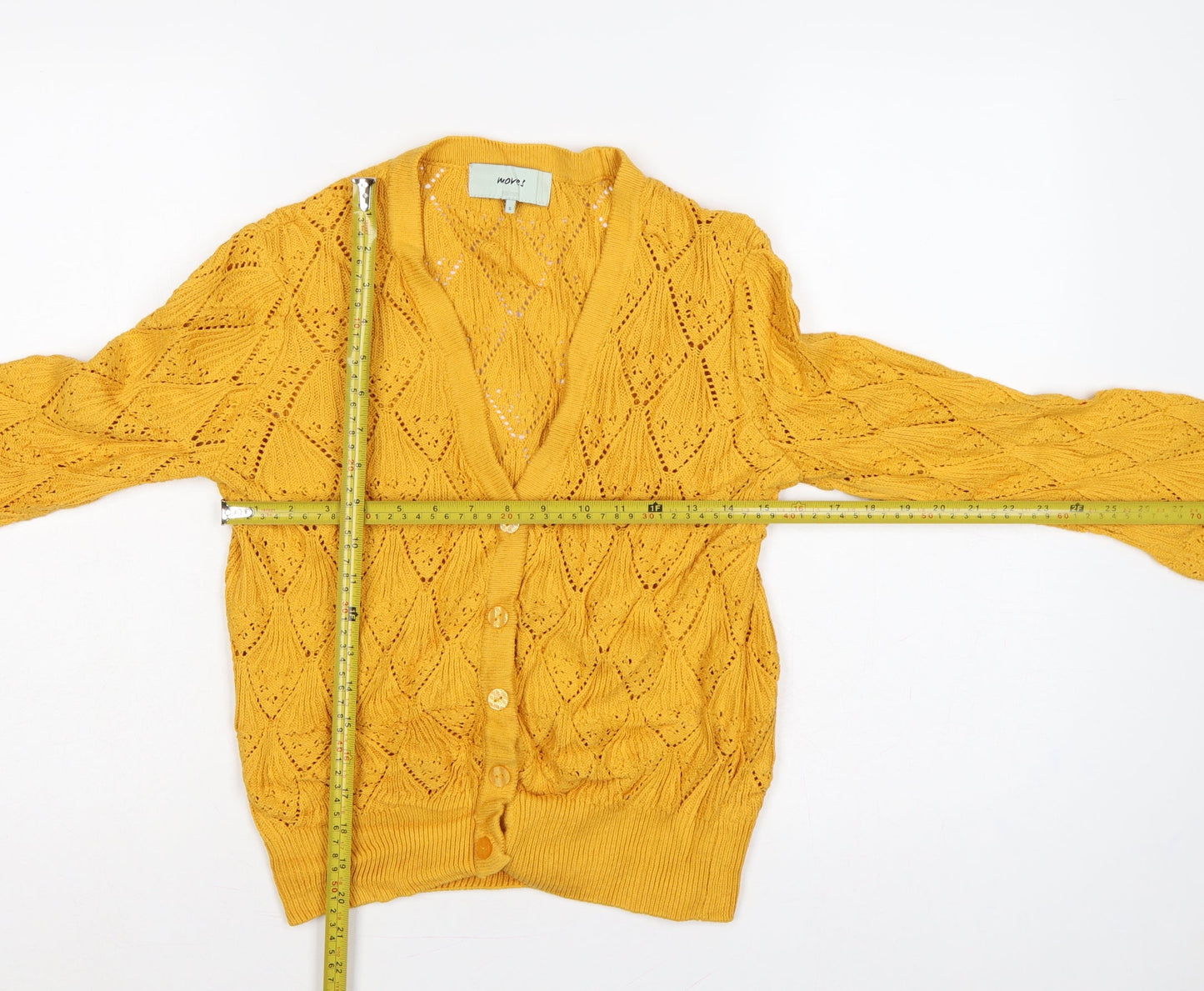 Moves Women Yellow S Open Knit Cotton V-Neck Button Cardigan