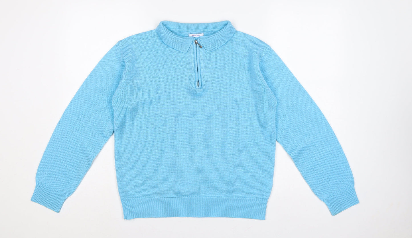 Damart Women Blue UK 12 Collared 1/4 Zip Acrylic Knit Jumper