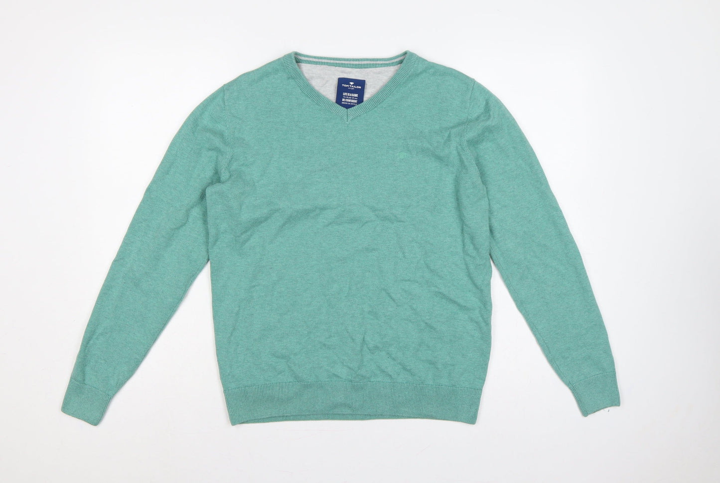 Tom Tailor Men’s Green M V-Neck Cotton Knit Pullover Jumper