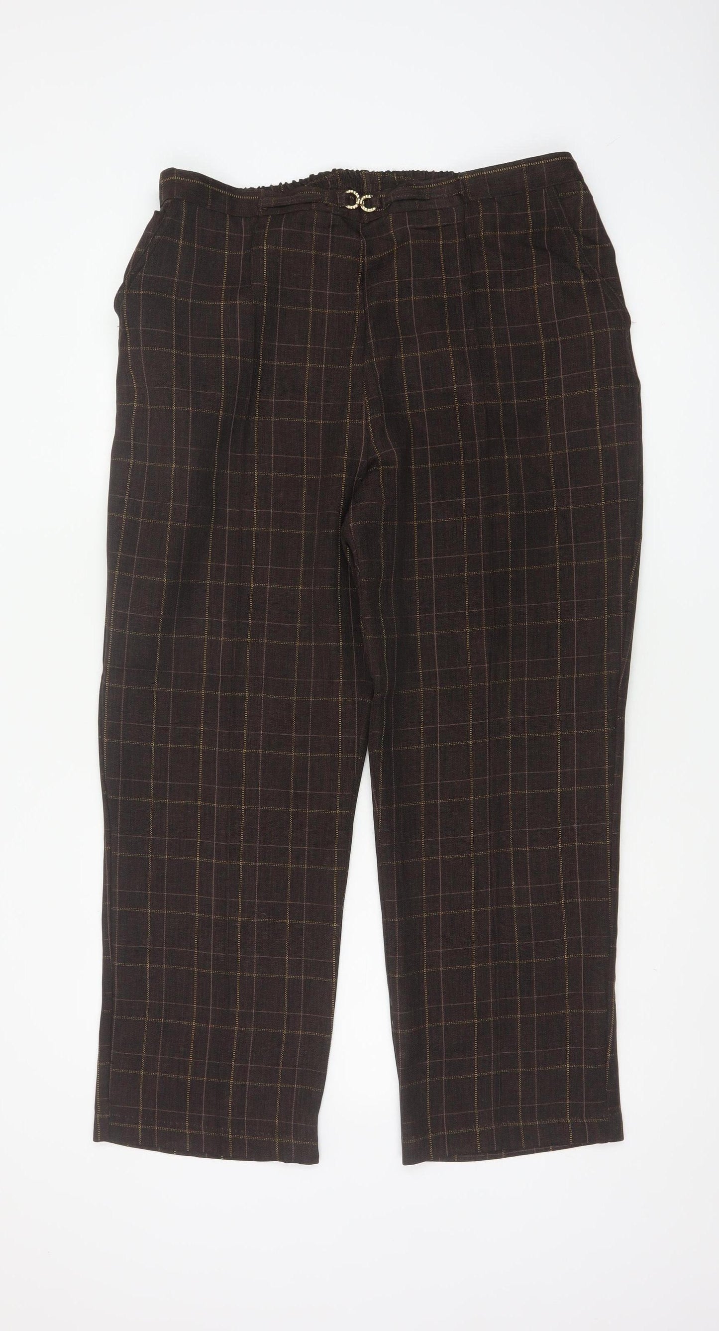Damart Women’s Brown Check Straight Trousers UK 18 Elastic Waist