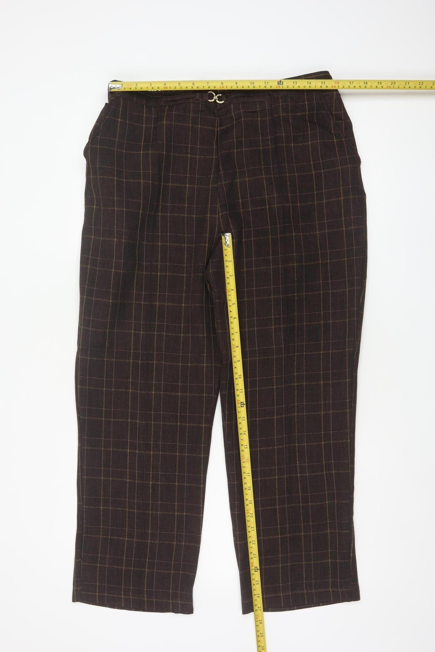 Damart Women’s Brown Check Straight Trousers UK 18 Elastic Waist