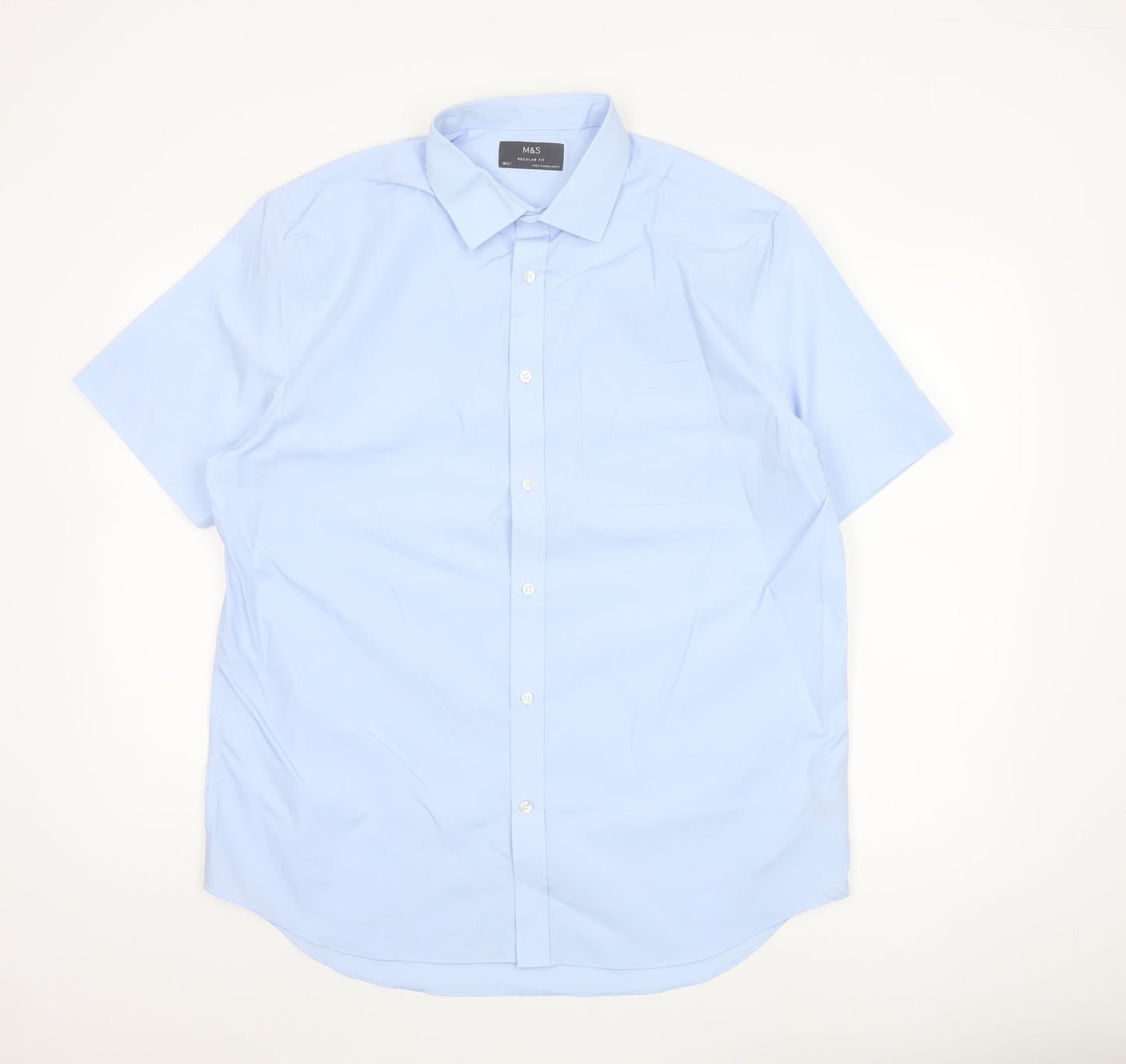 Marks and Spencer Men Blue 16.5 Regular Fit Short Sleeve Button-Up Shirt