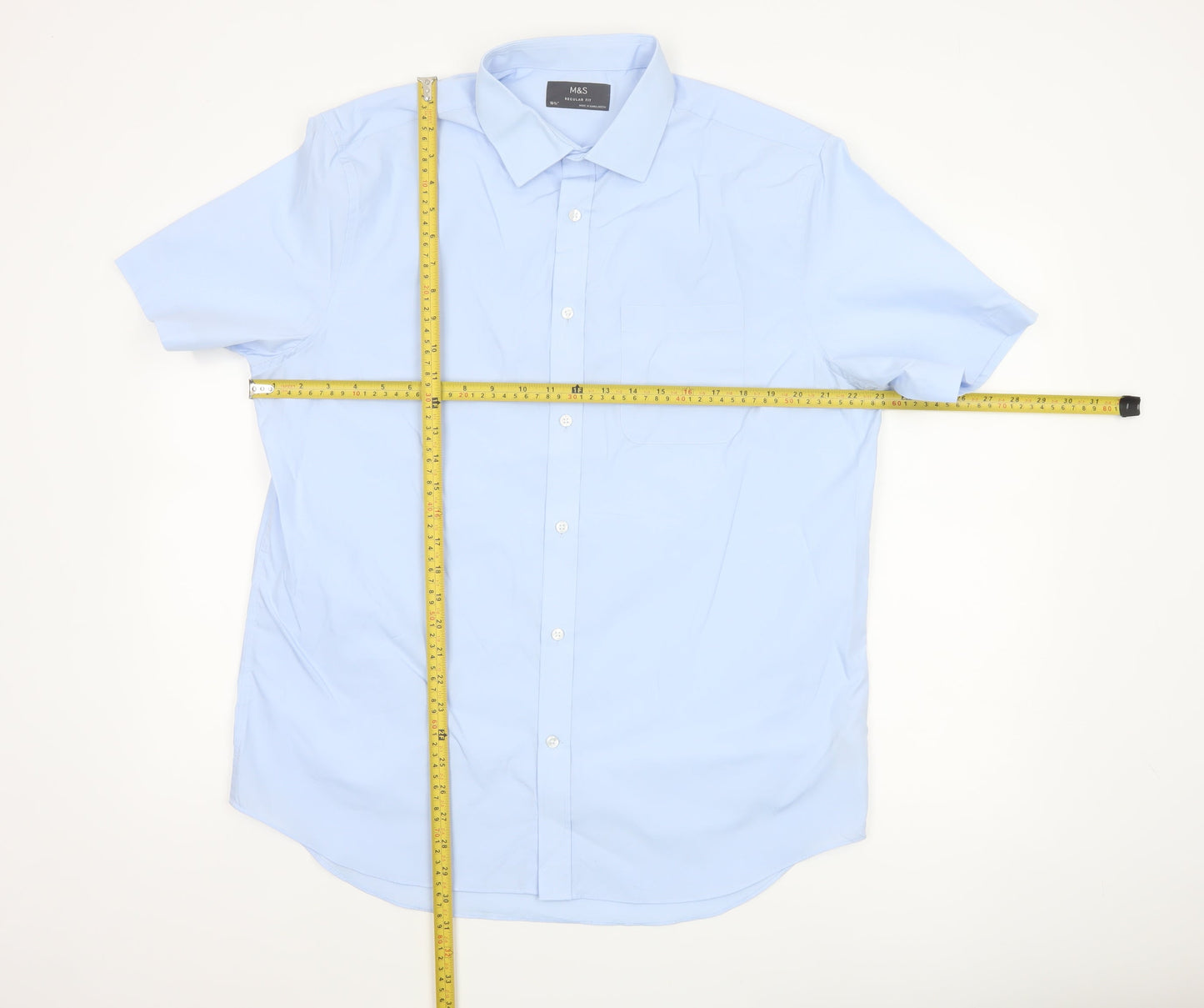 Marks and Spencer Men Blue 16.5 Regular Fit Short Sleeve Button-Up Shirt