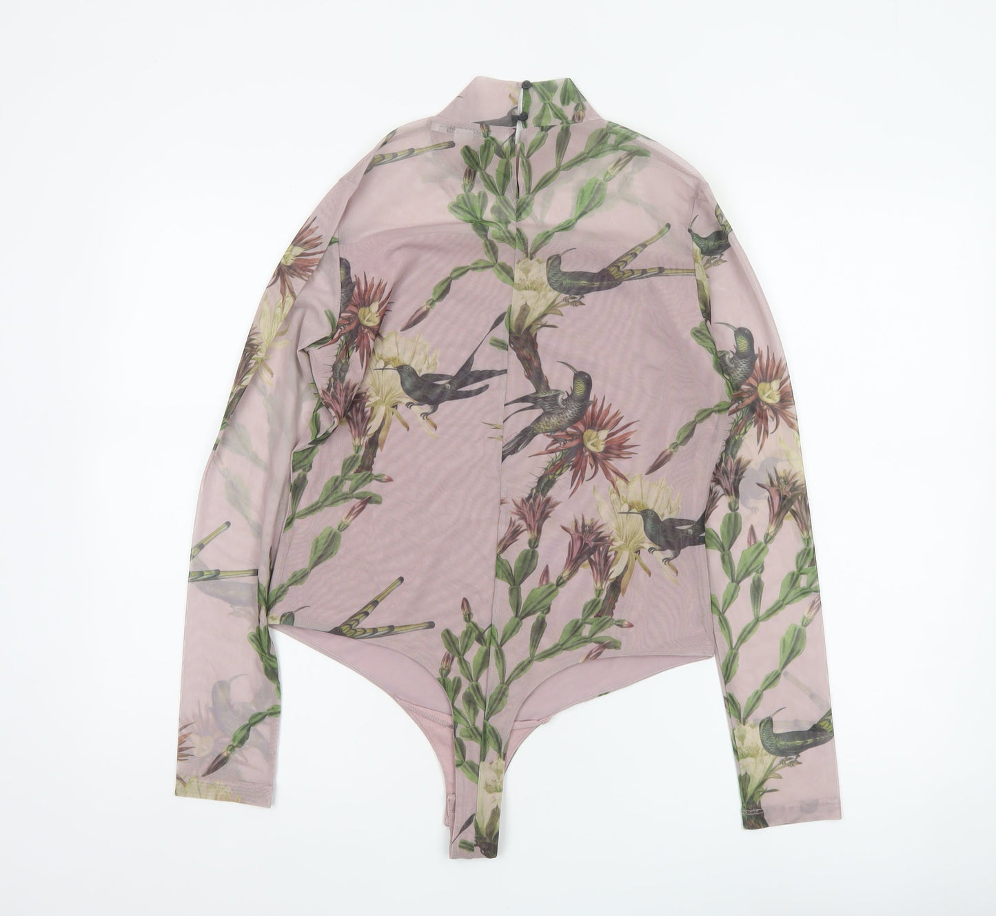 AllSaints Women Pink Floral Bird Mesh Bodysuit UK 12 Long Sleeve