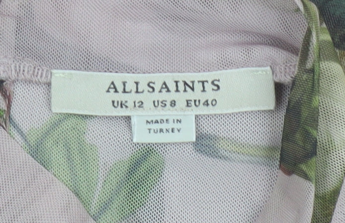 AllSaints Women Pink Floral Bird Mesh Bodysuit UK 12 Long Sleeve