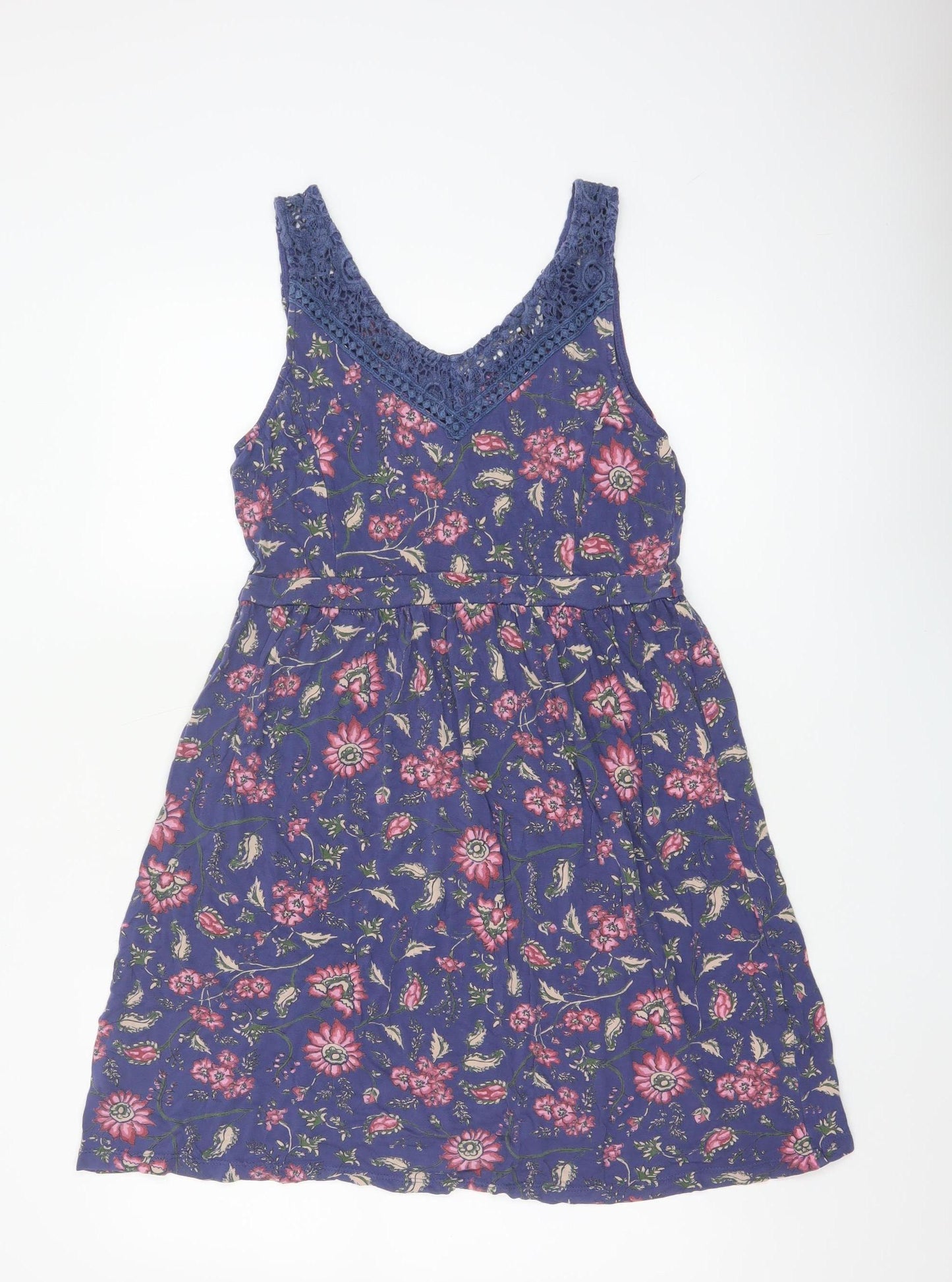 FatFace Women Blue Floral Size 12 Fit & Flare V-Neck Crochet Dress