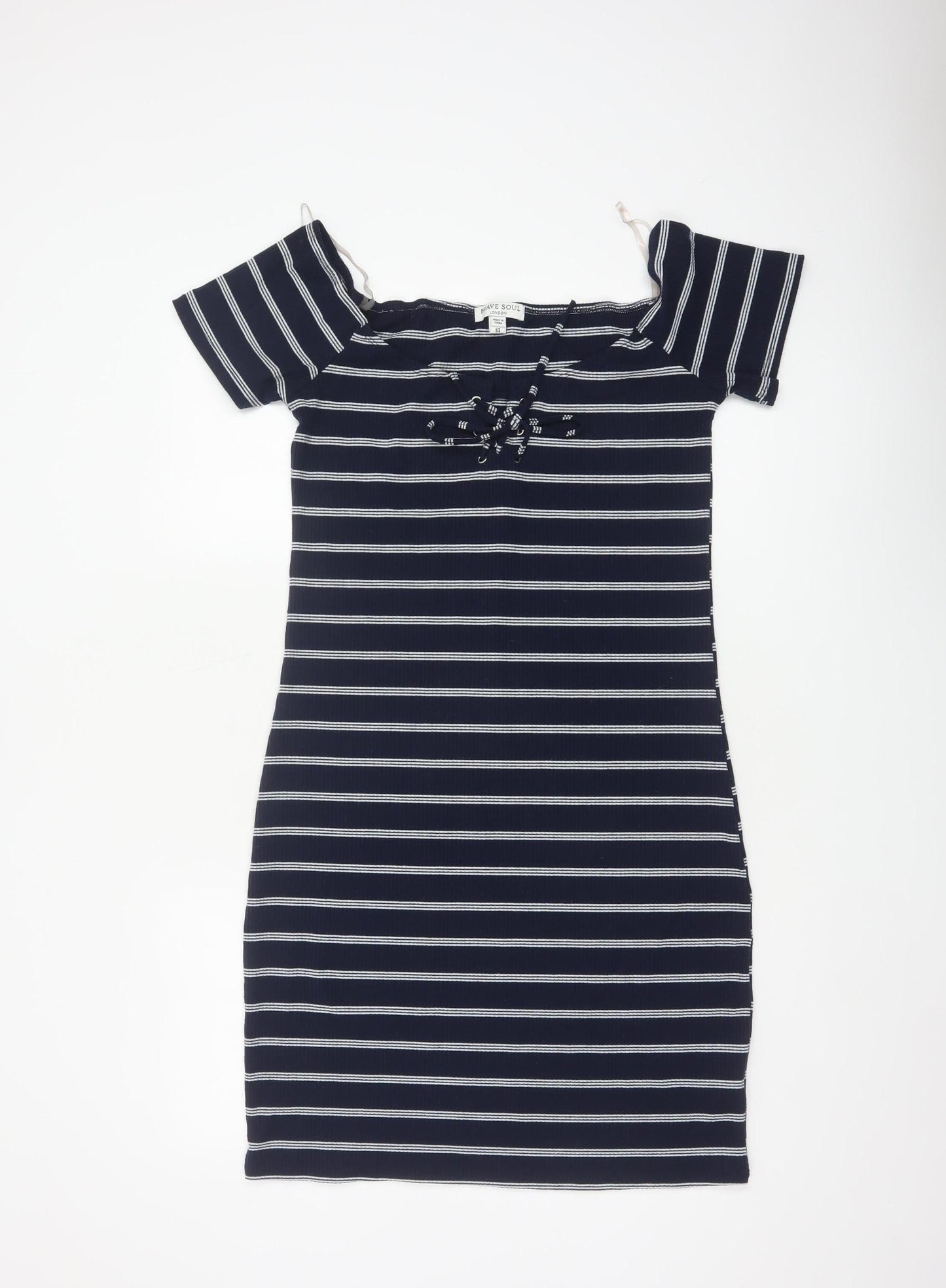 Brave Soul Women Navy Stripe UK 14 Bodycon Off Shoulder Knit Dress