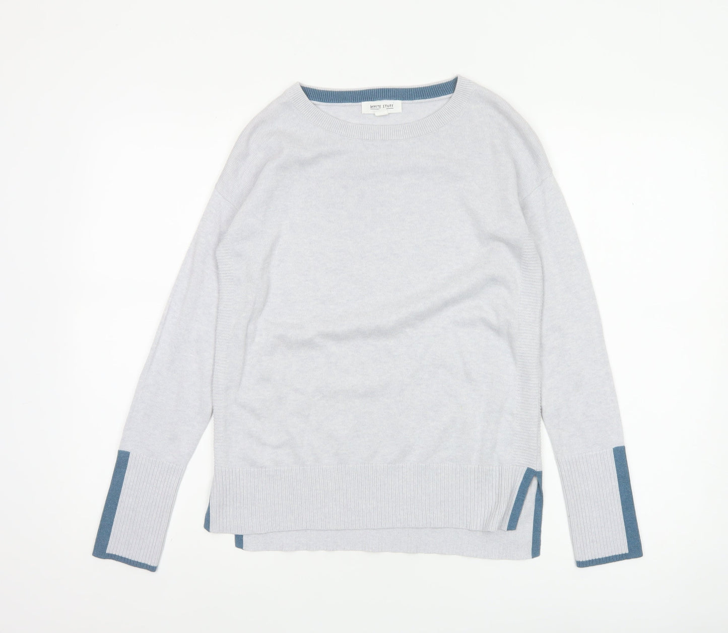 White Stuff Women Grey Blue Trim Knit Jumper UK 6 Crew Neck