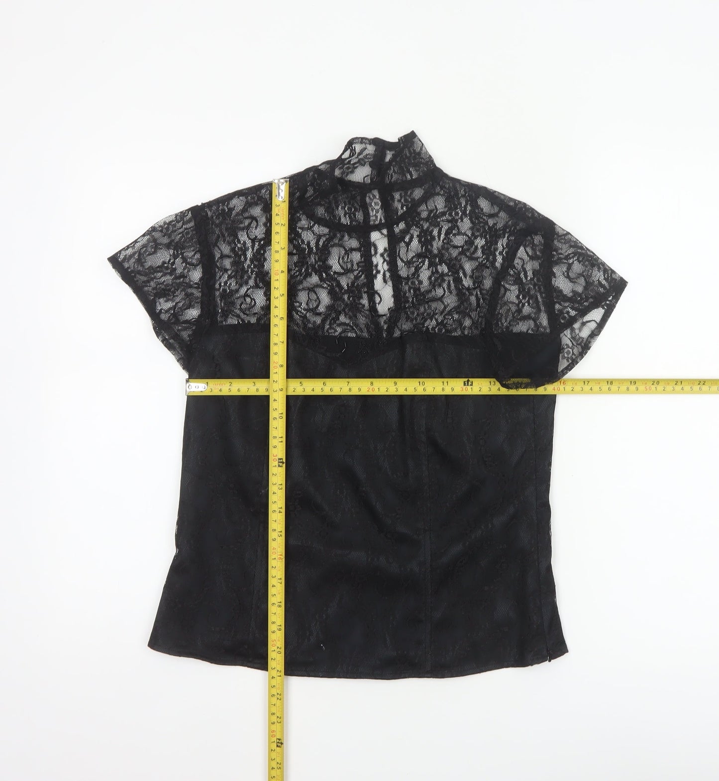 Minuet Women Black UK 12 Floral Lace High Neck Short Sleeve Blouse