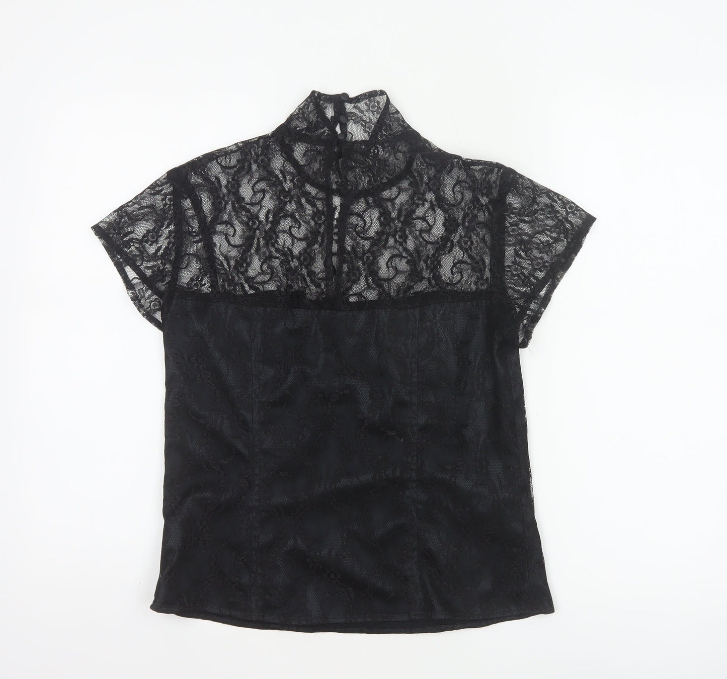 Minuet Women Black UK 12 Floral Lace High Neck Short Sleeve Blouse