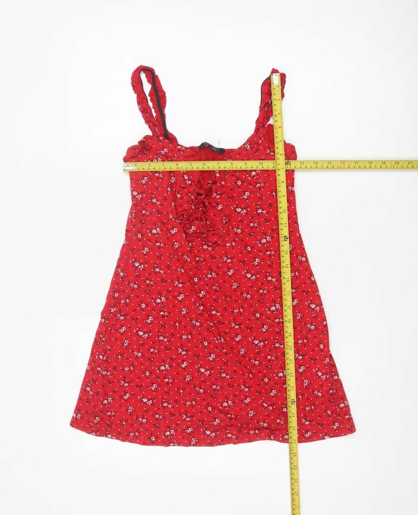 New Look Women Red Floral UK 8 Skater Mini Lace Up Ruffle Strap Dress