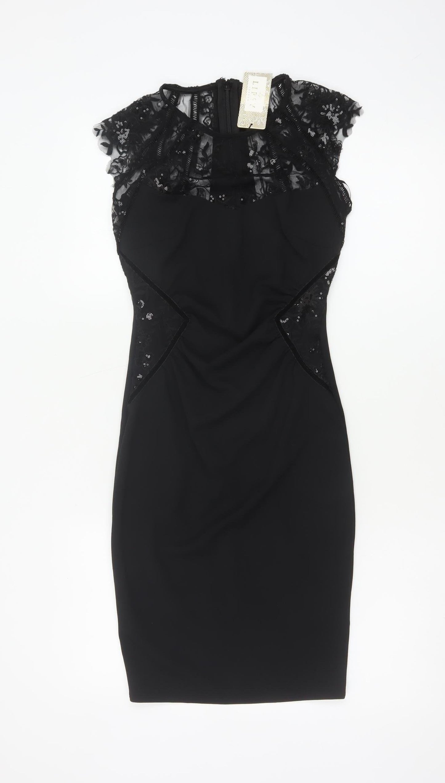 Lipsy Women Black UK 6 Bodycon Knee Length Lace Sequin Party Dress