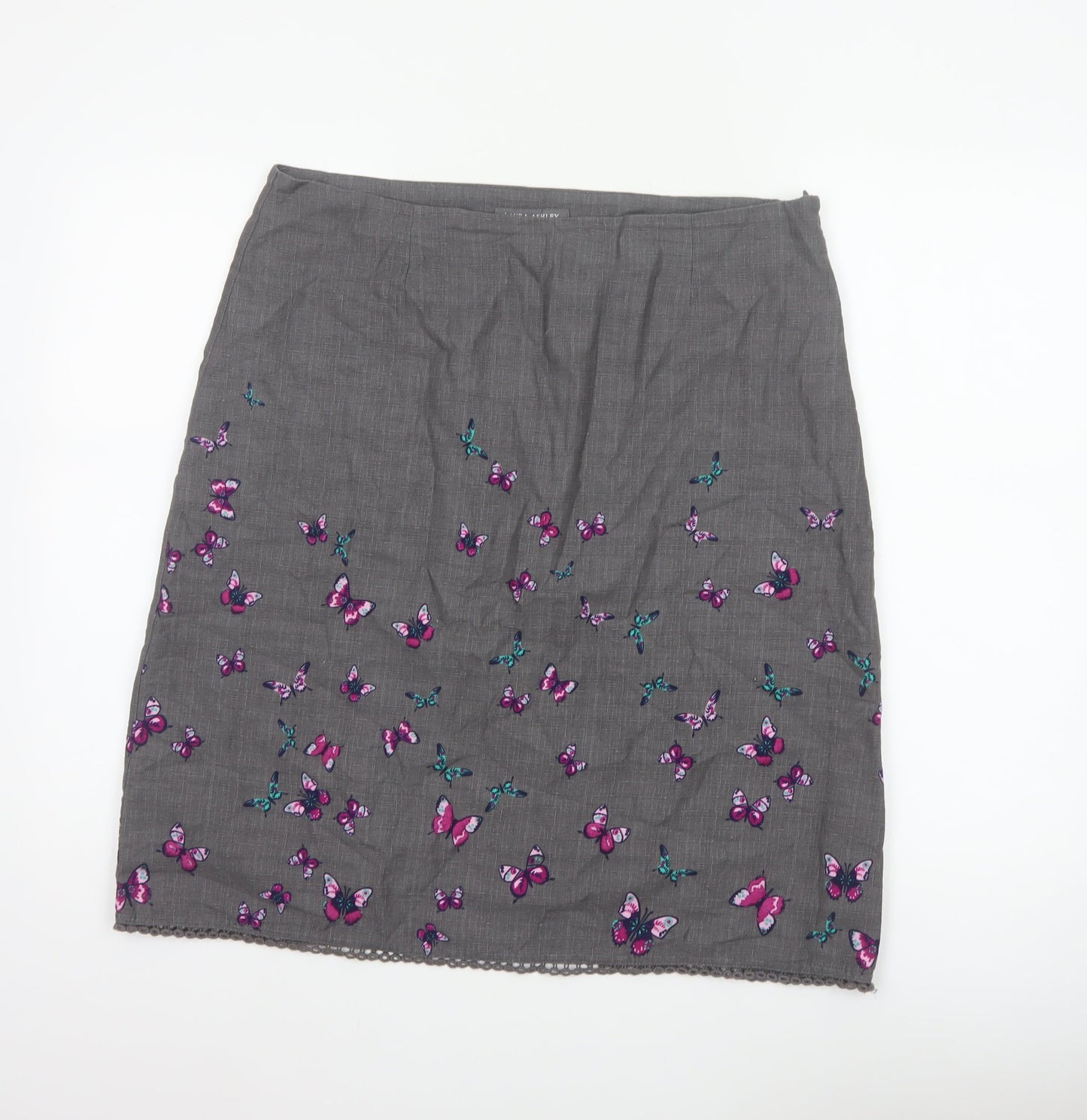 Laura Ashley Women Grey Butterfly Cotton Pencil Skirt UK 14 Lined