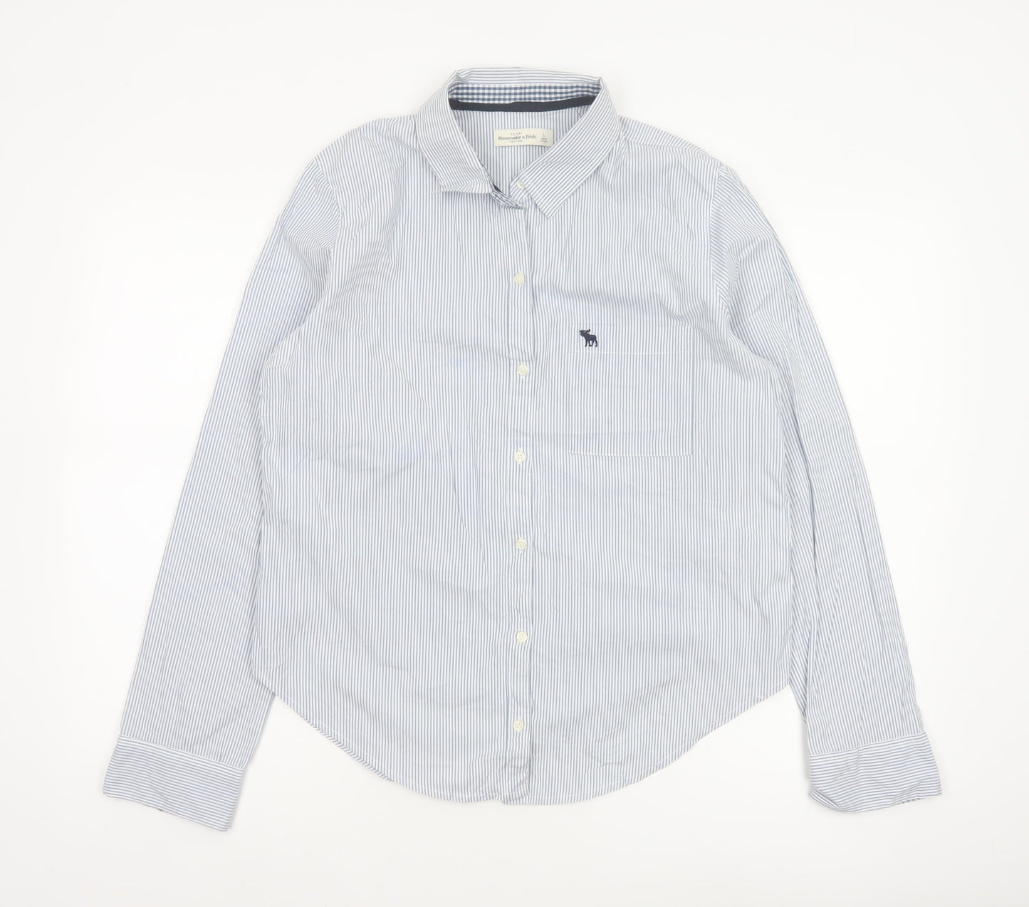 Abercrombie & Fitch Women Blue Stripe L Classic Cotton Button-Up Shirt