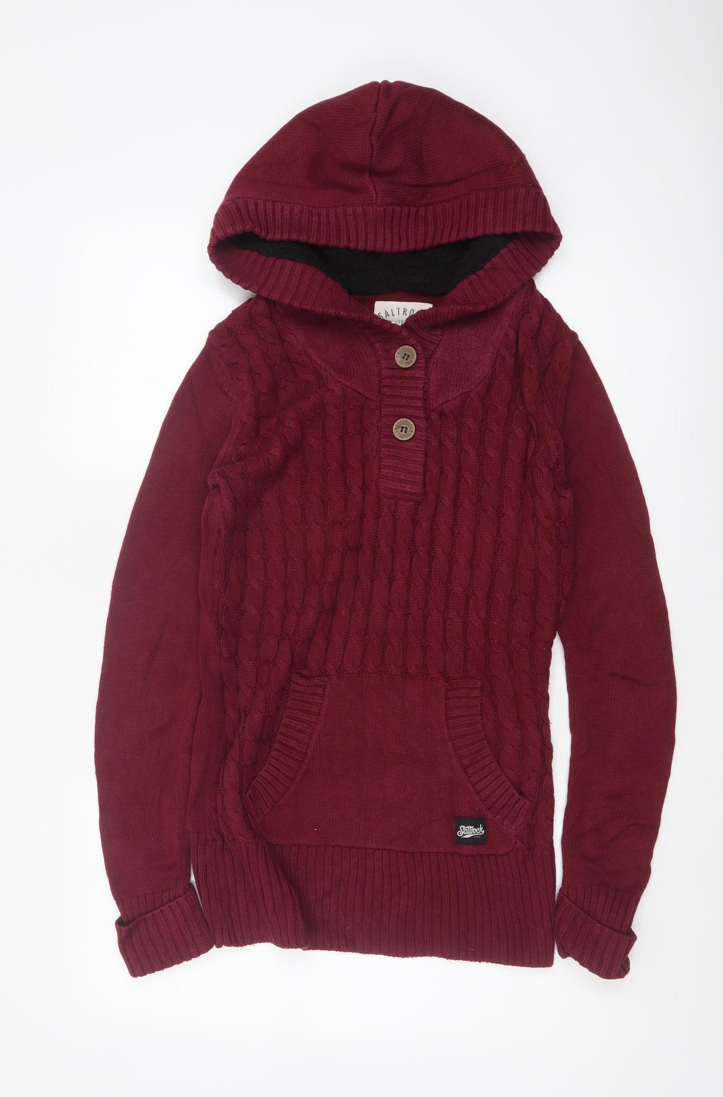 Saltrock Women’s Burgundy Size 12 Hooded Cable Knit Henley Jumper