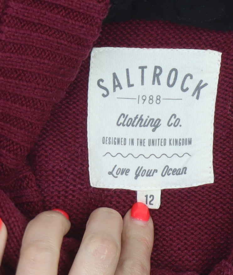 Saltrock Women’s Burgundy Size 12 Hooded Cable Knit Henley Jumper