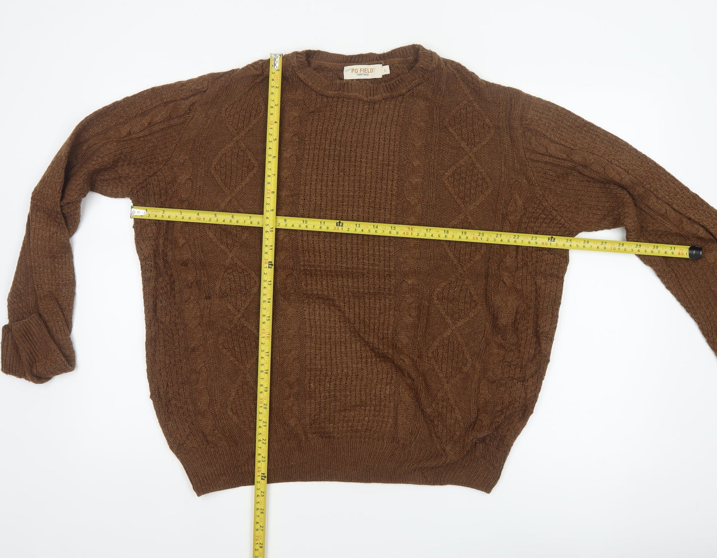 PG Field Heritage Men’s Brown L Cable Knit Crew Neck Pullover Jumper