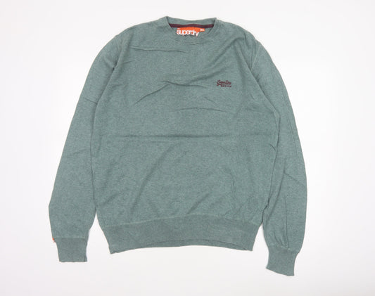 Superdry Men's Green XL Crew Neck Cotton Knit Pullover Jumper Logo