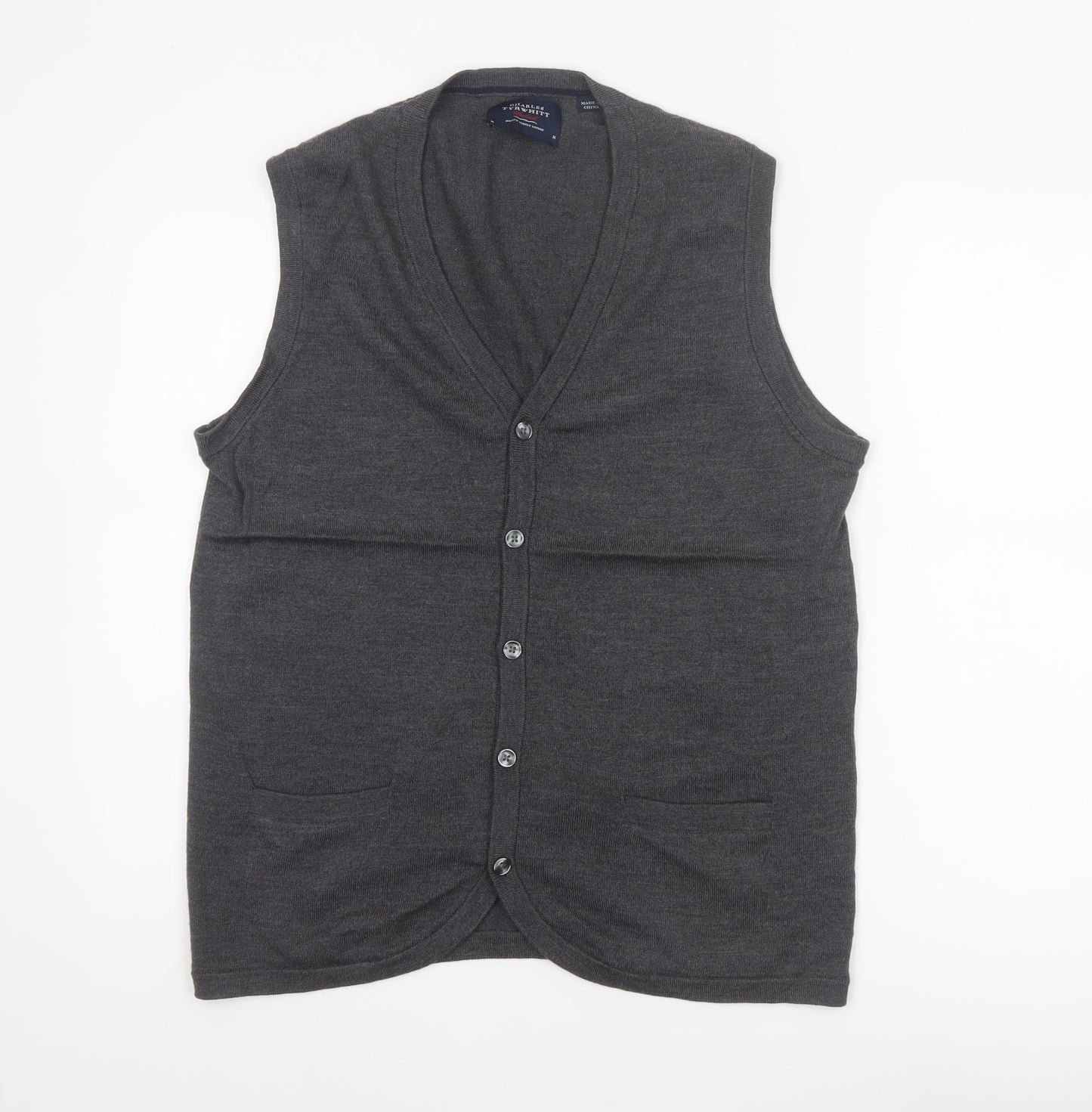 Charles Tyrwhitt Men Grey M Merino Wool Buttoned V-Neck Vest
