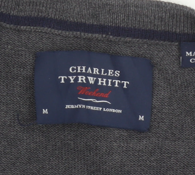 Charles Tyrwhitt Men Grey M Merino Wool Buttoned V-Neck Vest