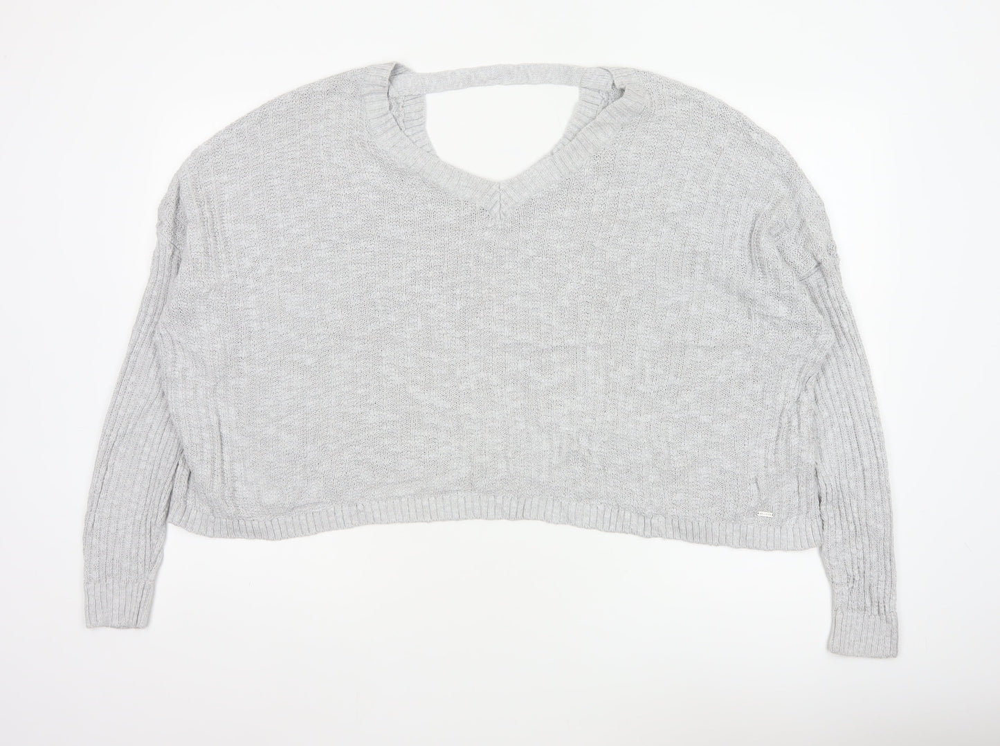 Hollister Women Grey L V-Neck Open Knit Long Sleeve Jumper