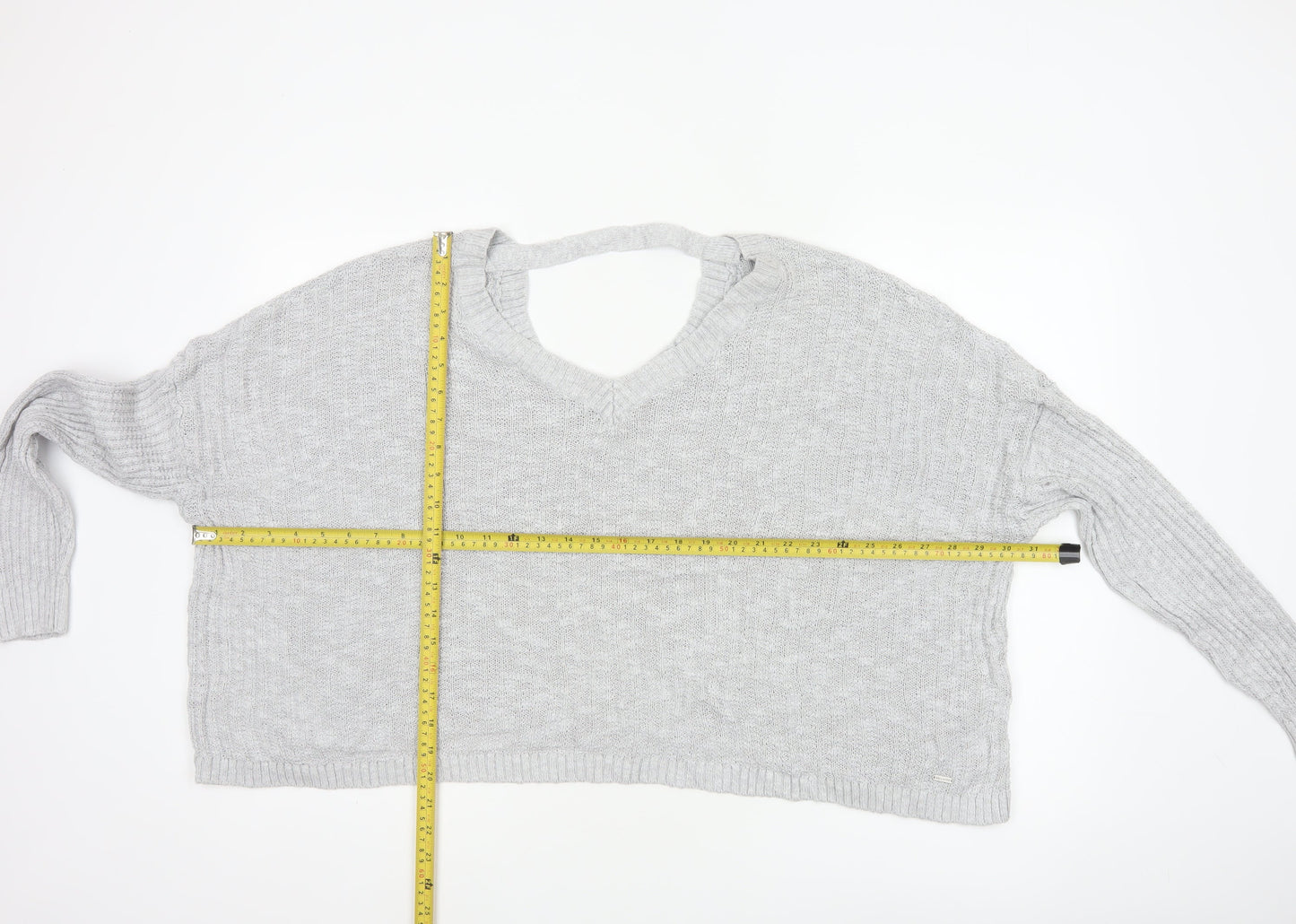 Hollister Women Grey L V-Neck Open Knit Long Sleeve Jumper
