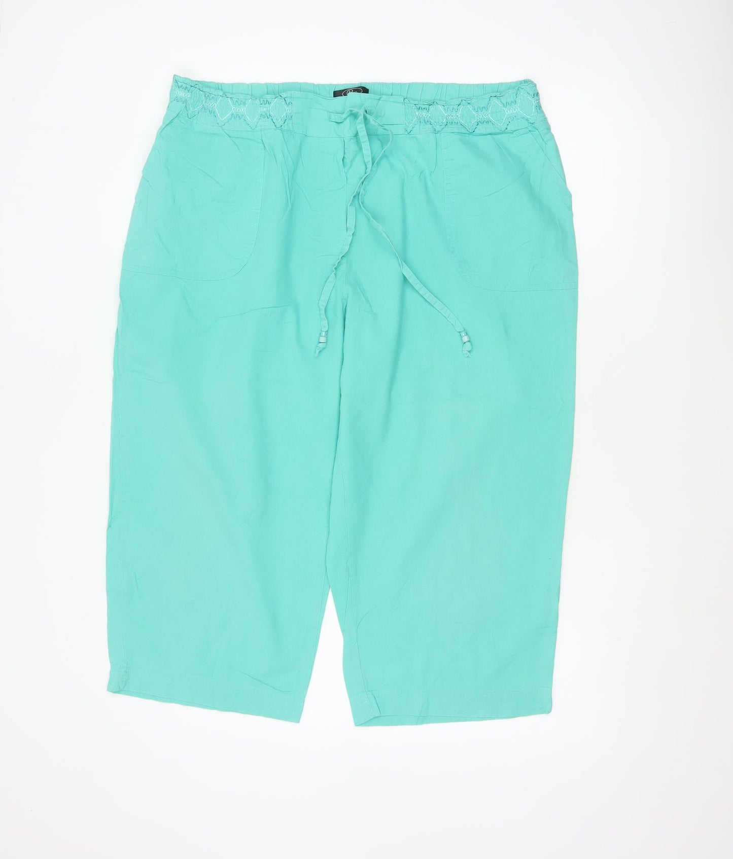 BM Women Green Size 18 Cotton Capri Trousers Elastic Waist Pockets