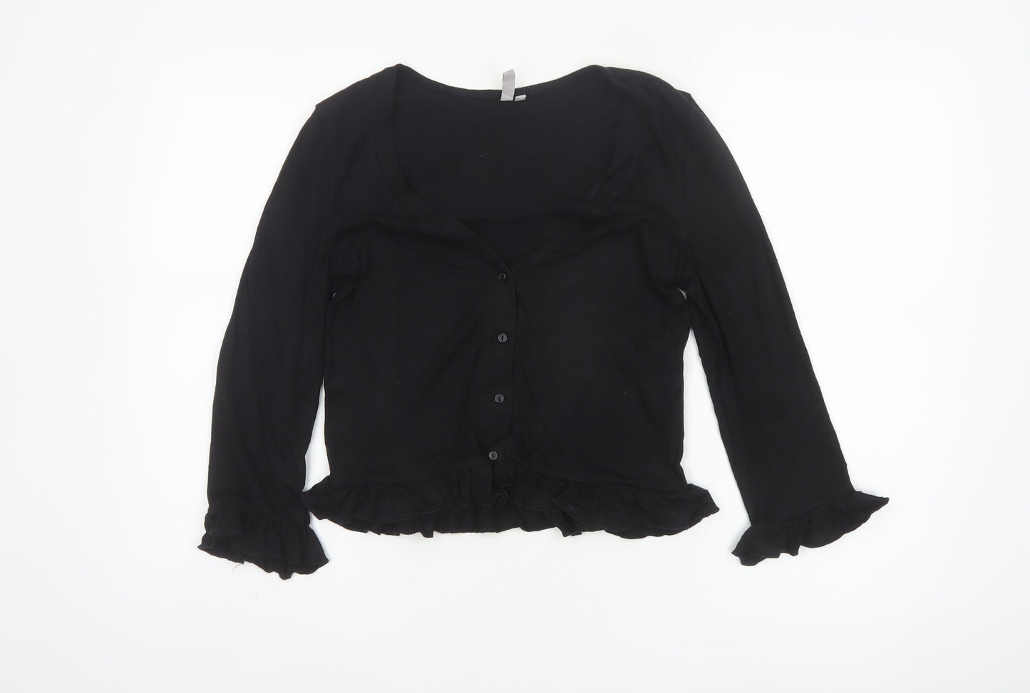 Pieces Women Black XS Ruffle Button Front 3/4 Sleeve Cardigan