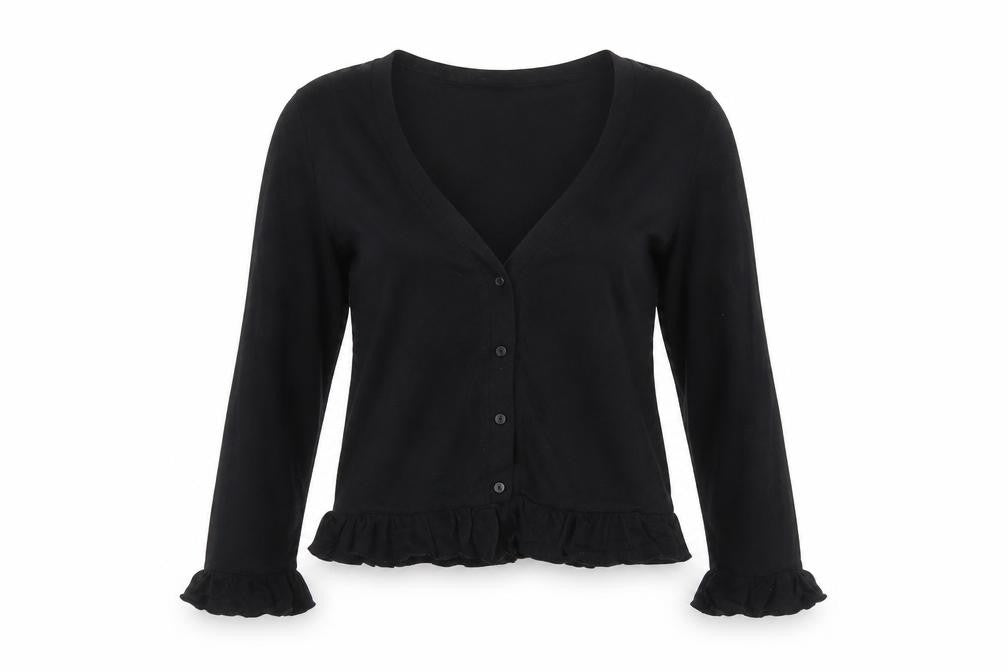 Pieces Women Black XS Ruffle Button Front 3/4 Sleeve Cardigan