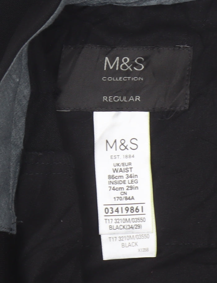Marks and Spencer Men Black 34 Regular 29in Leg Flat Front Dress Trousers