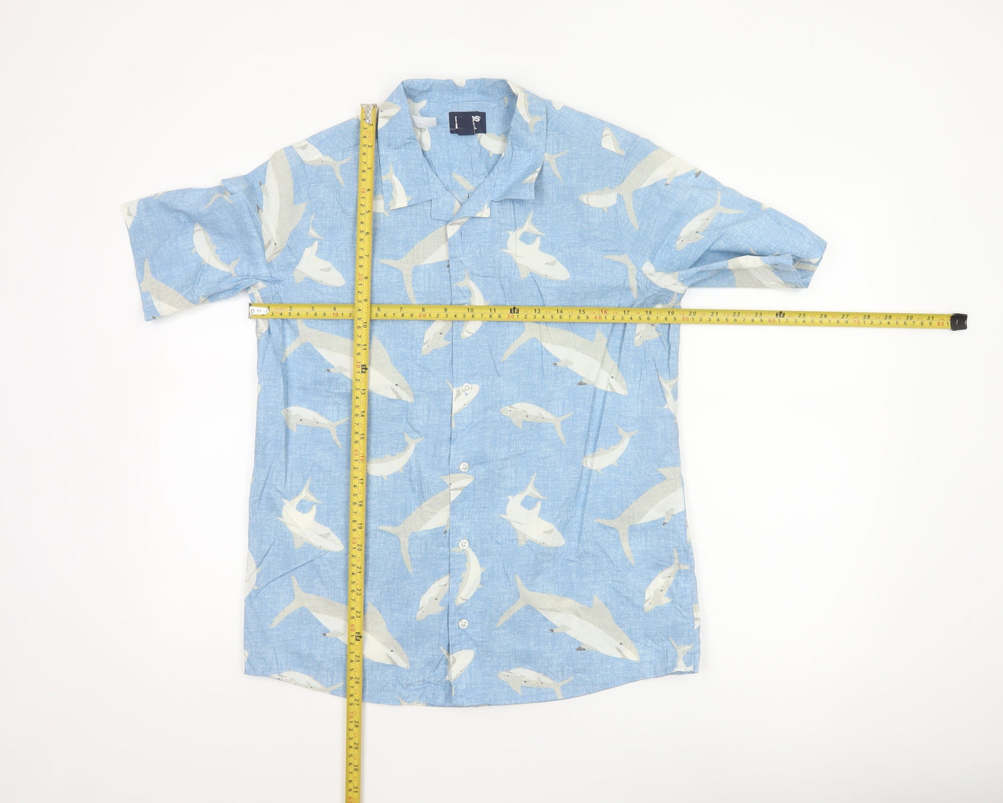 Lands' End Women's Blue Shark Print Button-Up Shirt UK 20 Short Sleeve