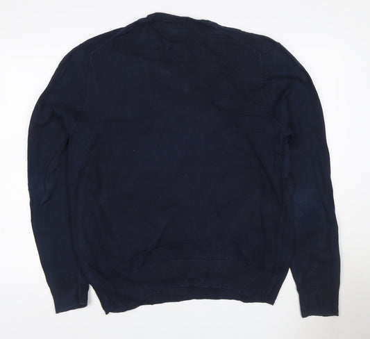Marks and Spencer Men Blue XL Cotton V-Neck Pullover Jumper