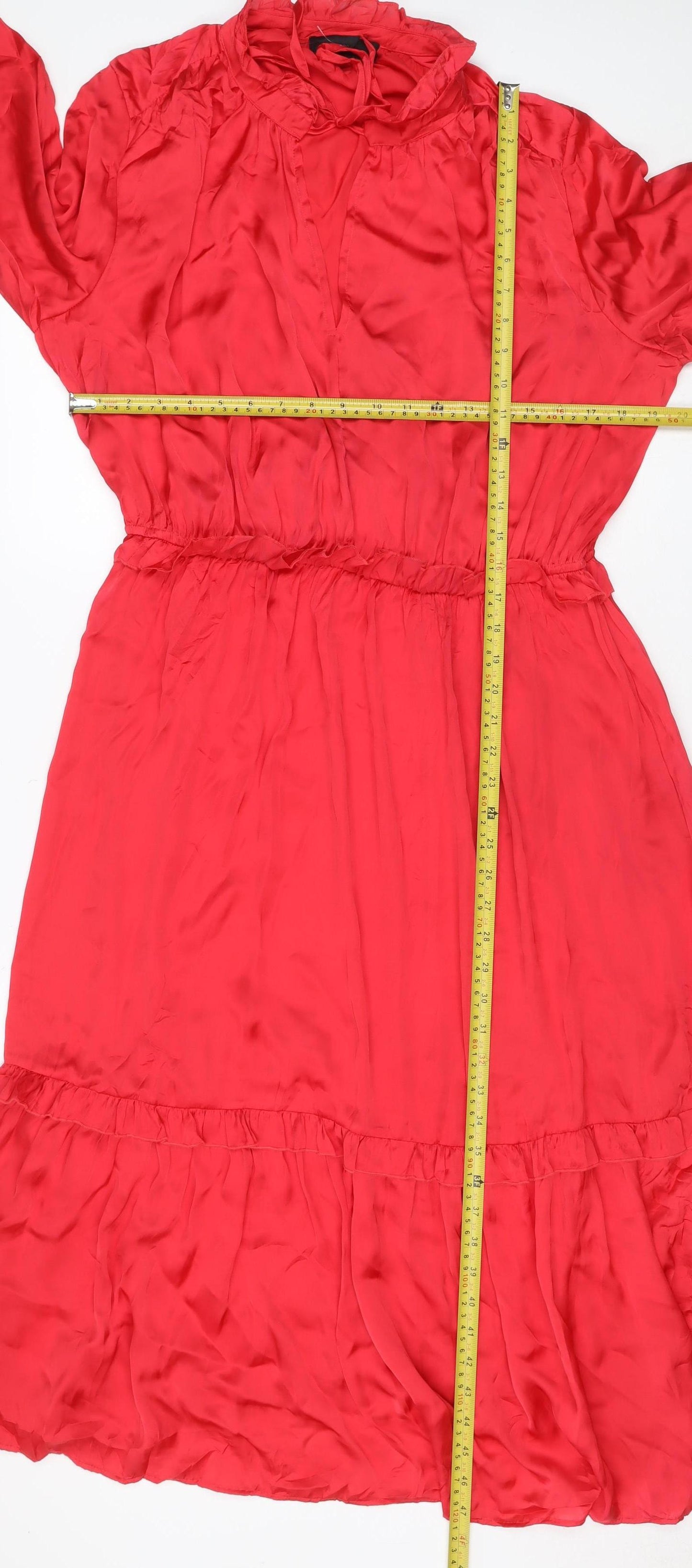 Next Women Red UK 18 Knee Length Fit & Flare Ruffle Long Sleeve Dress
