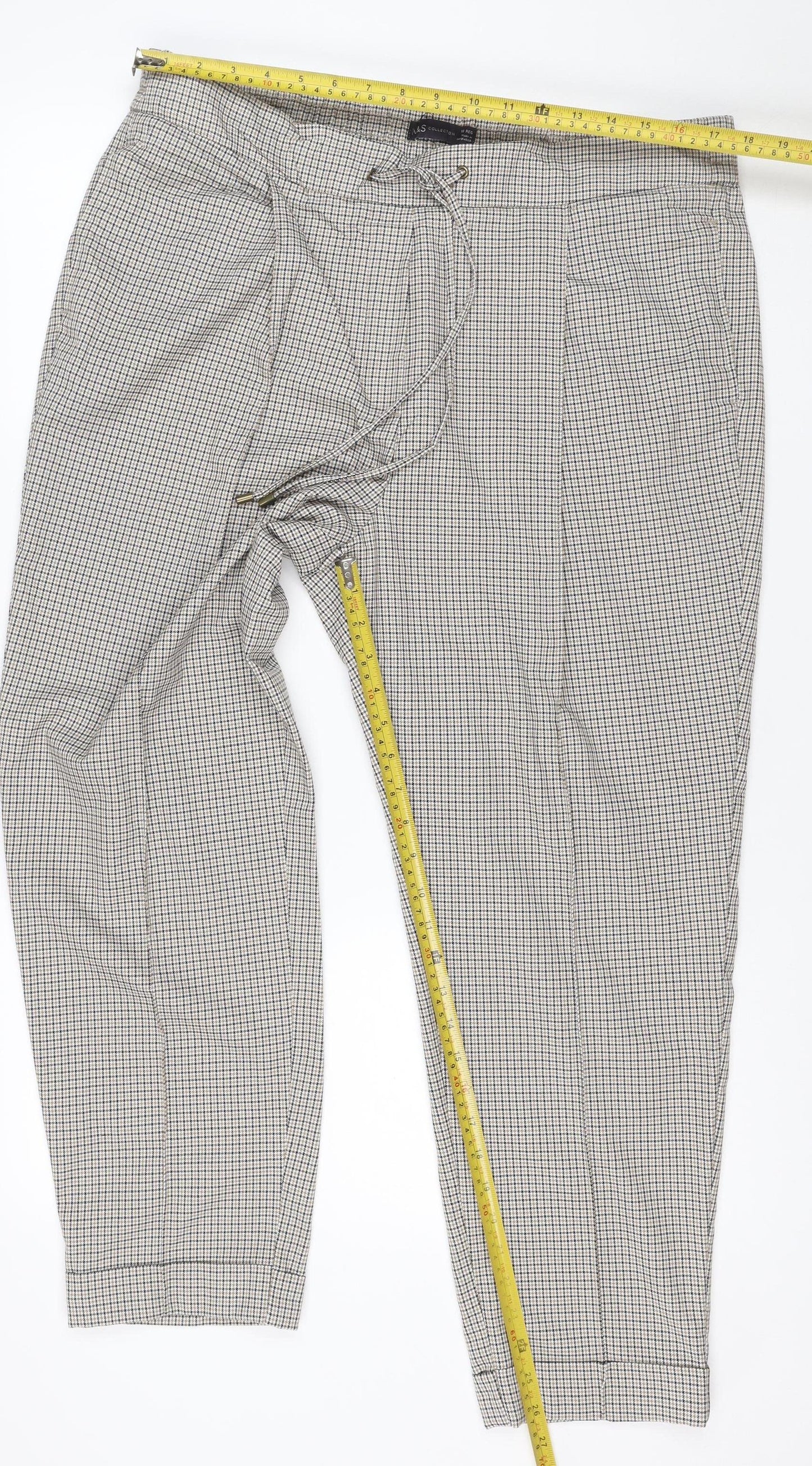 M&S Women’s Beige Check Jogger Trousers Size 18 Regular Tapered