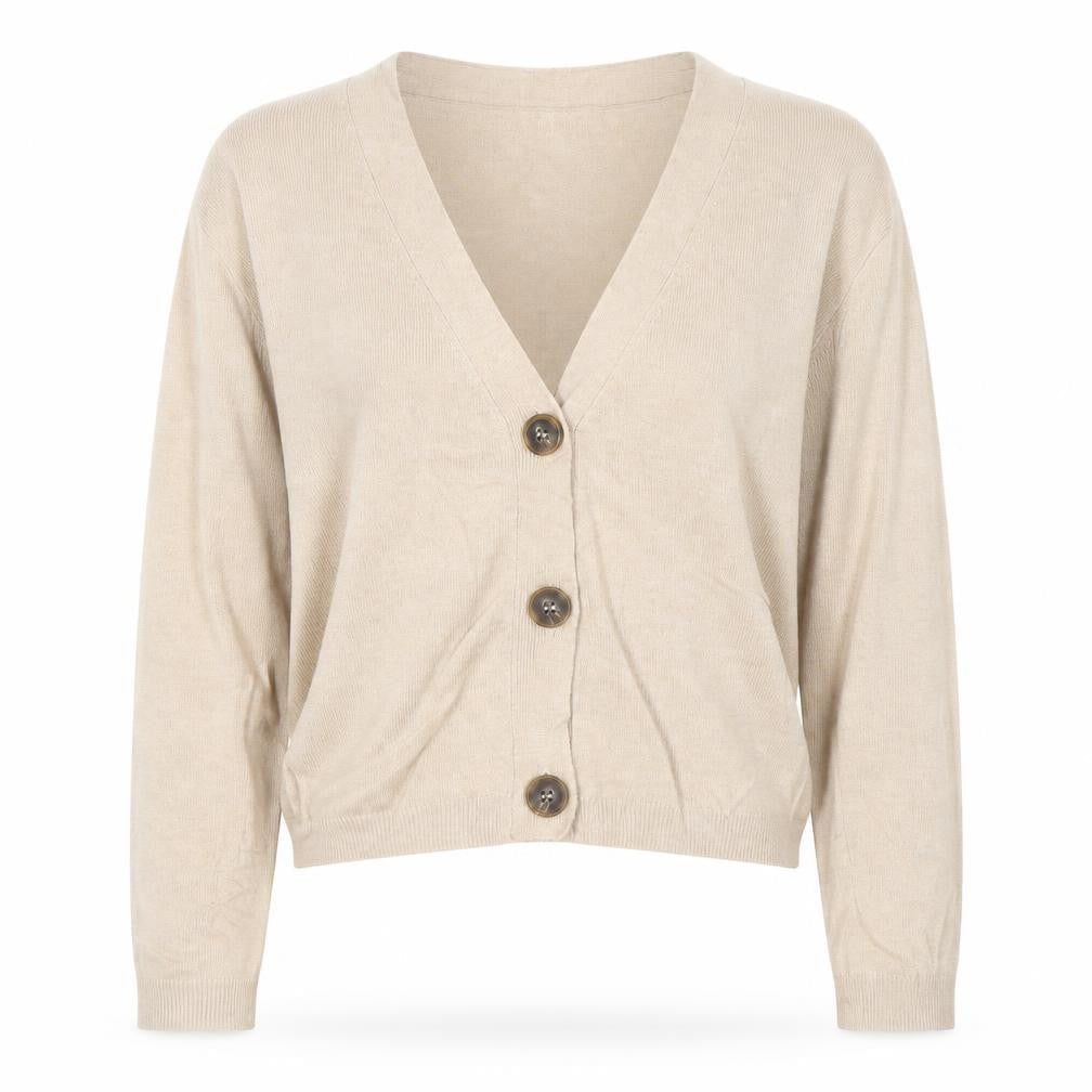 MNG Women Beige UK 12 V-Neck Button Knit Cardigan Long Sleeve