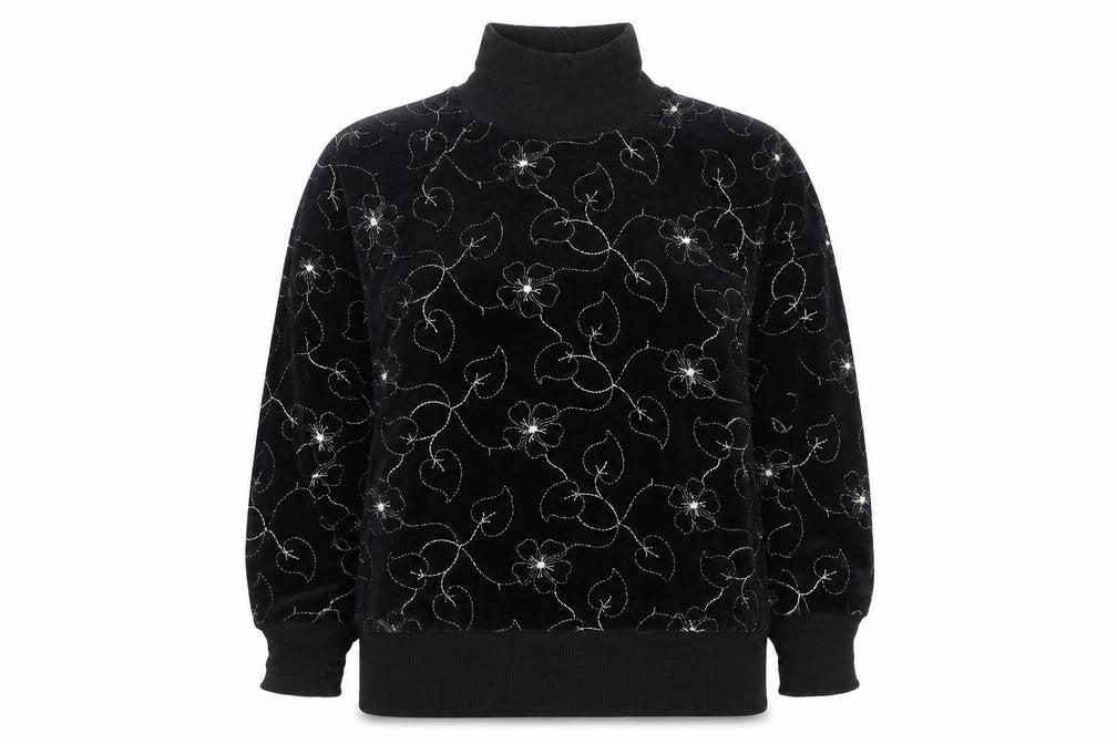 St Michael Women Black UK 18 Floral Embroidered Roll Neck Sweatshirt