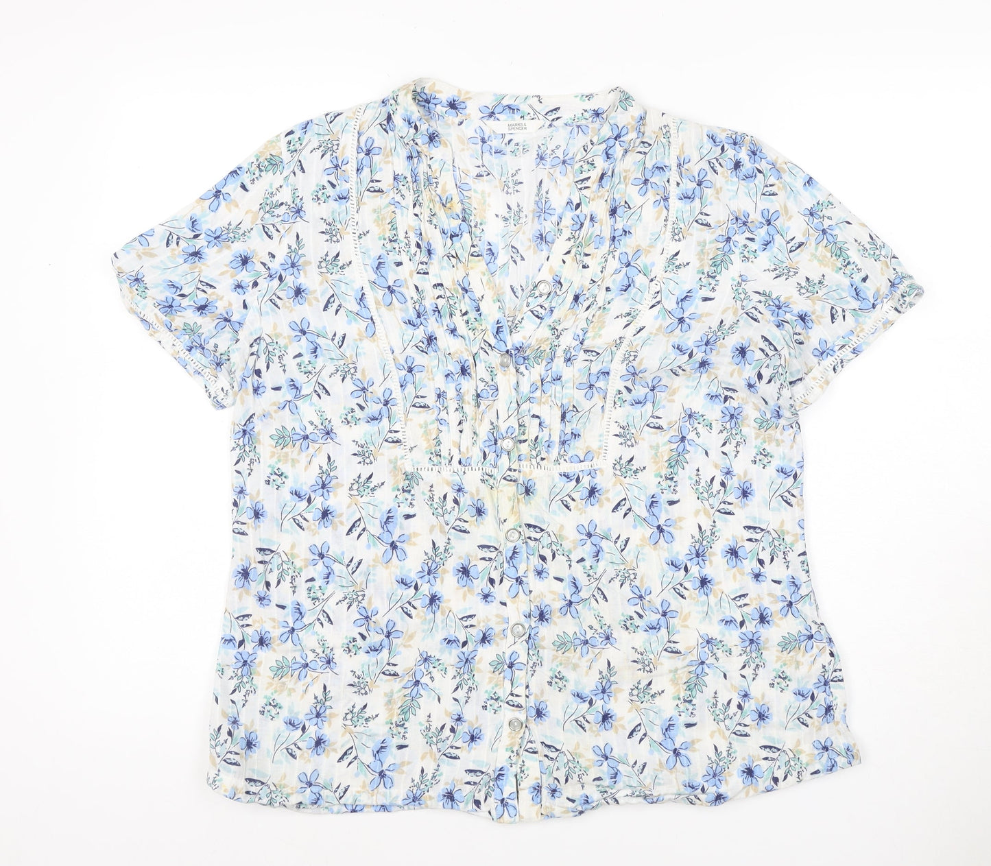 Marks and Spencer Women Blue Floral Size 16 Short Sleeve V-Neck Blouse