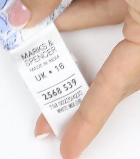Marks and Spencer Women Blue Floral Size 16 Short Sleeve V-Neck Blouse