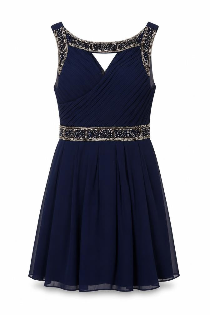 Lipsy Women Blue M Fit & Flare Beaded Pleated Party Dress