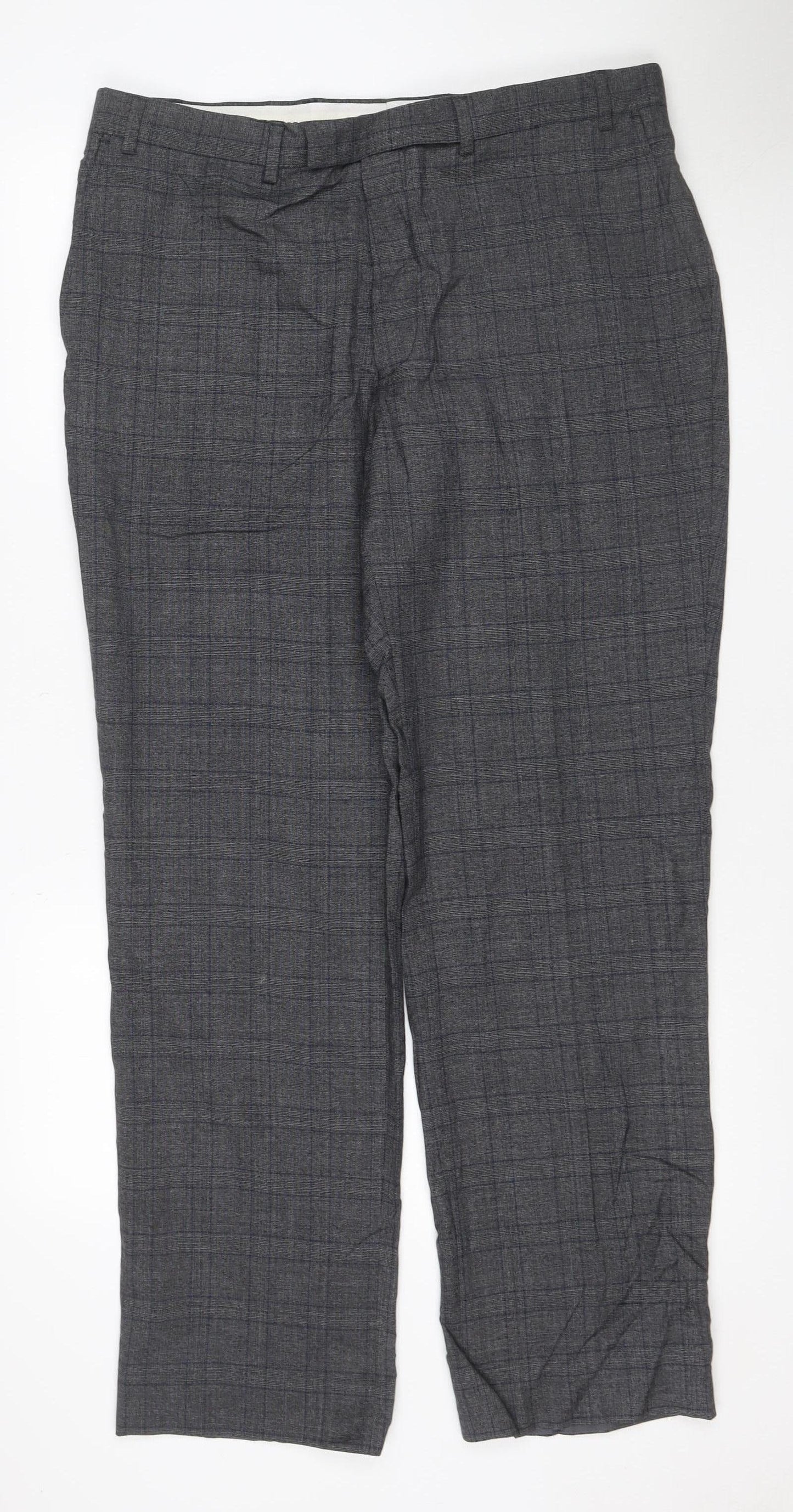 Marks & Spencer Men Grey Check Wool Dress Trousers 36/31 Regular