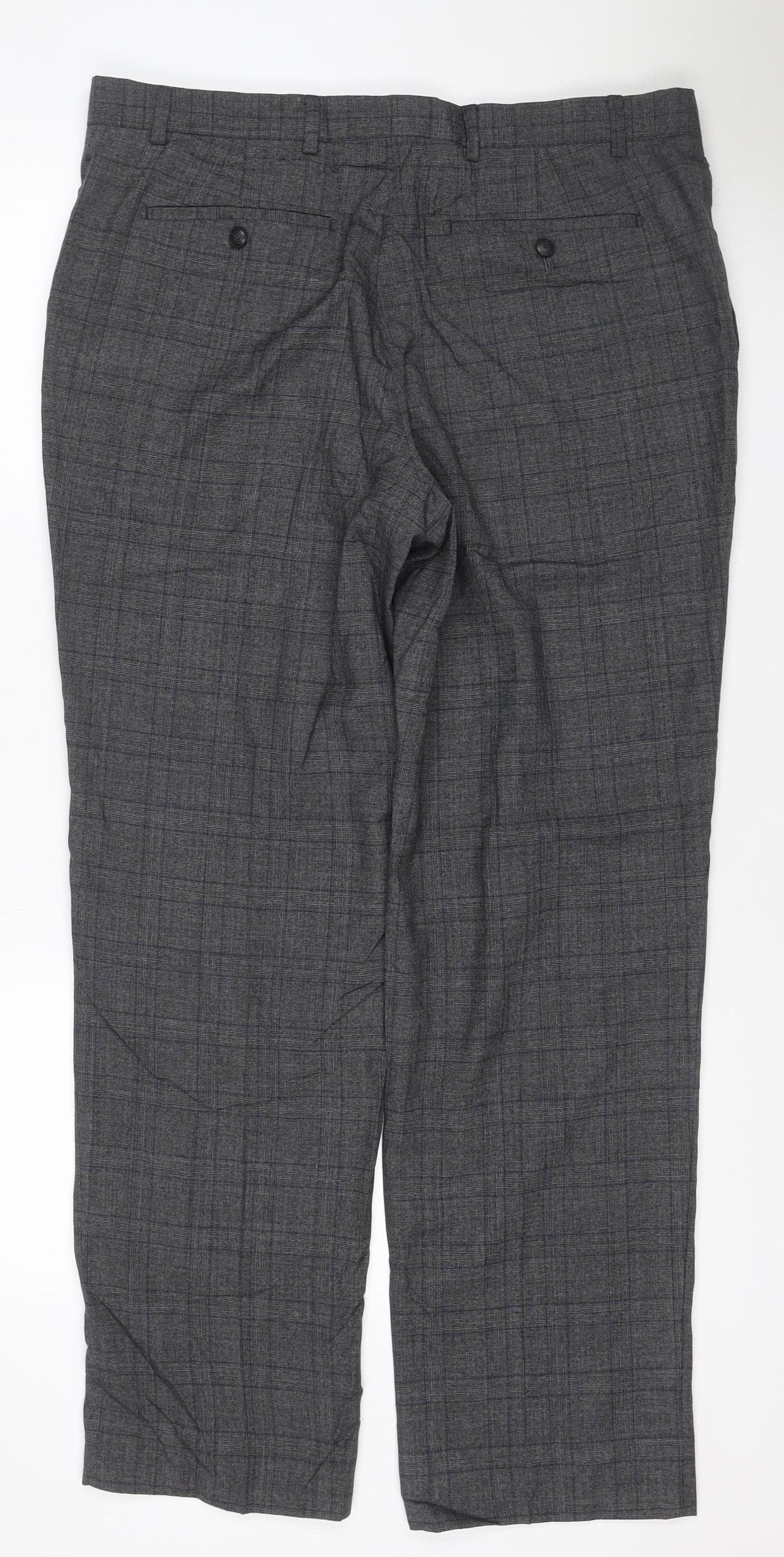 Marks & Spencer Men Grey Check Wool Dress Trousers 36/31 Regular