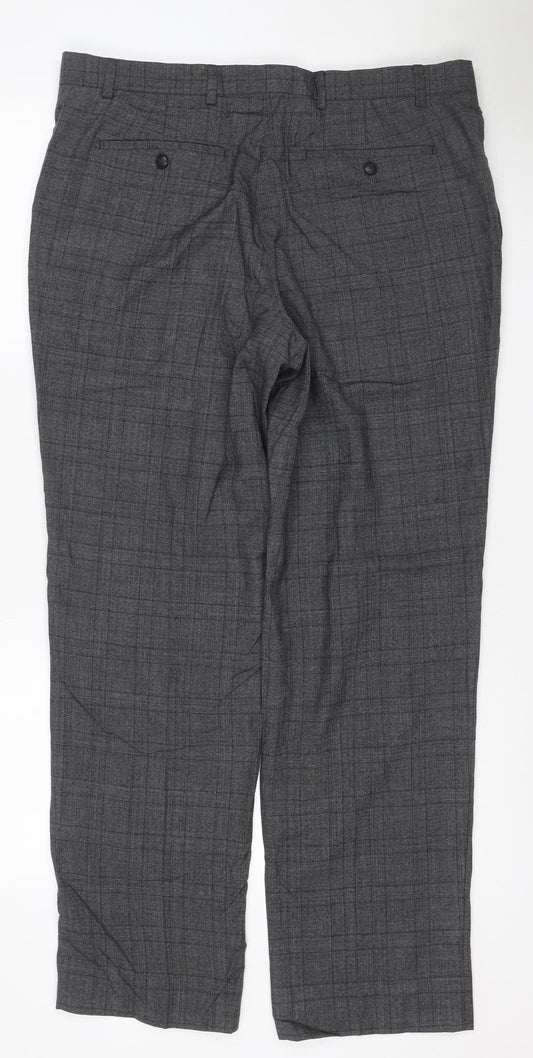 Marks & Spencer Men Grey Check Wool Dress Trousers 36/31 Regular