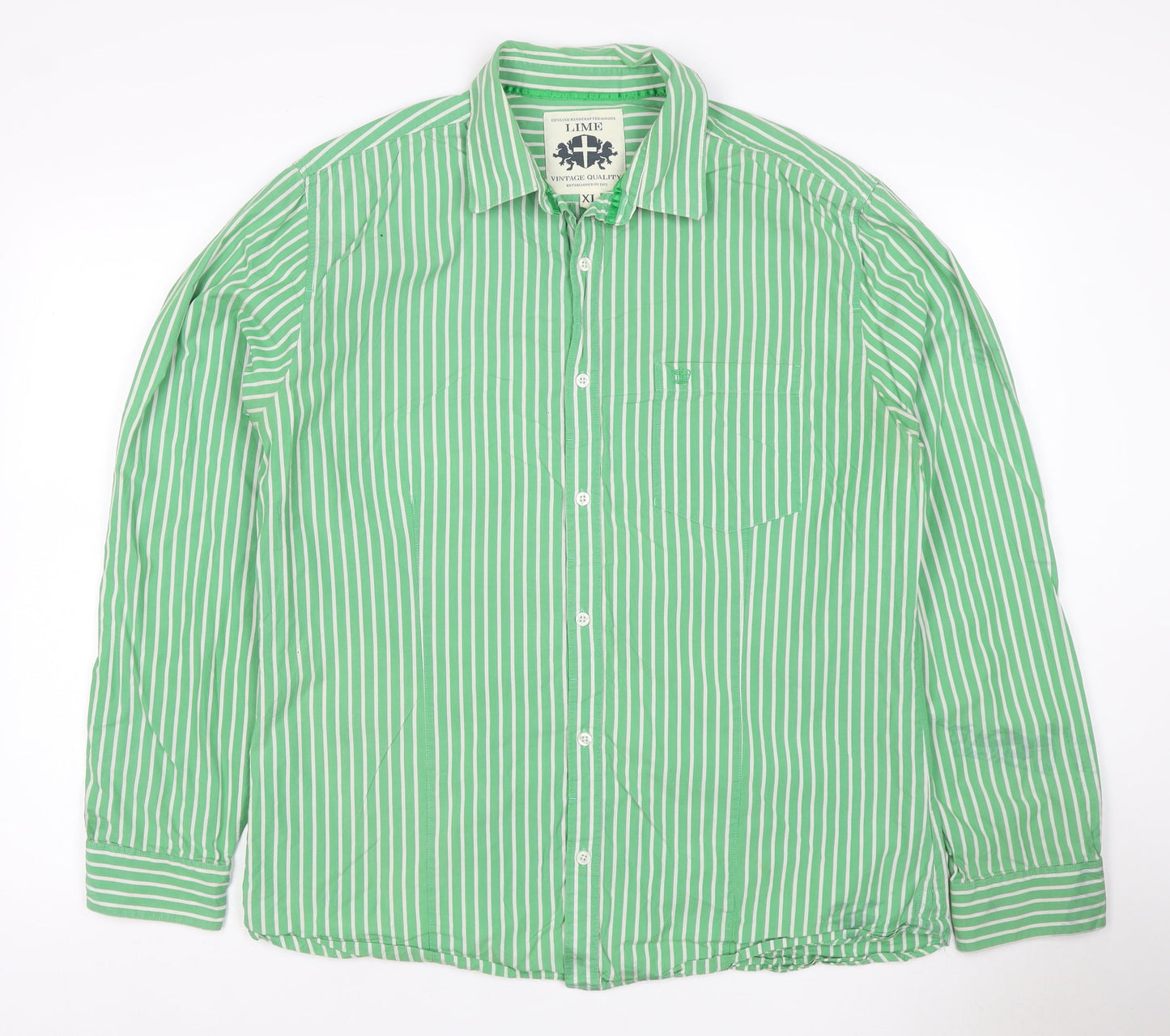 Lime Men Green White Striped Cotton Button-Up Shirt XL Long Sleeve