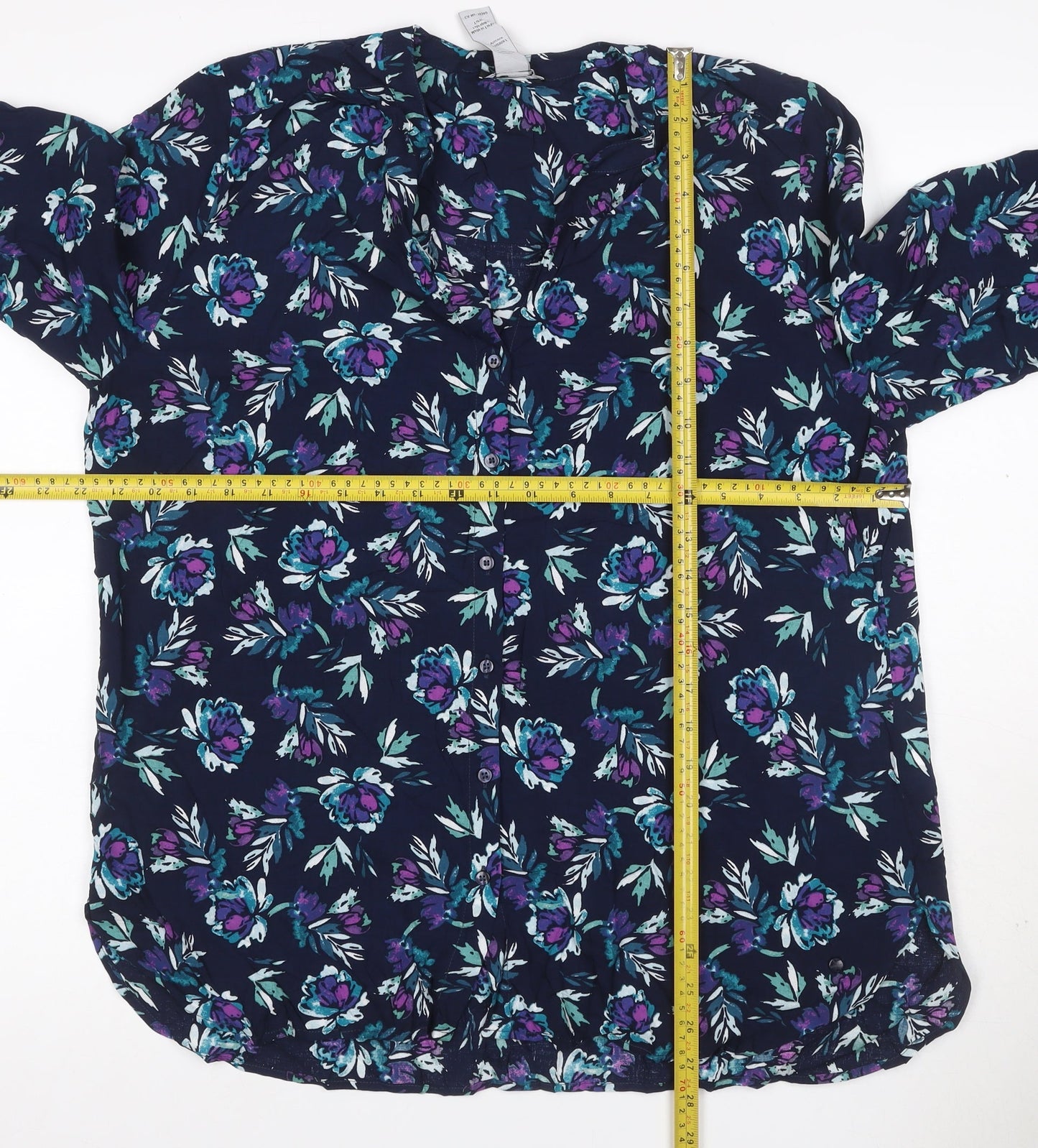 Oisen Women Blue Floral V-Neck Long Sleeve Button-Up Blouse UK 14