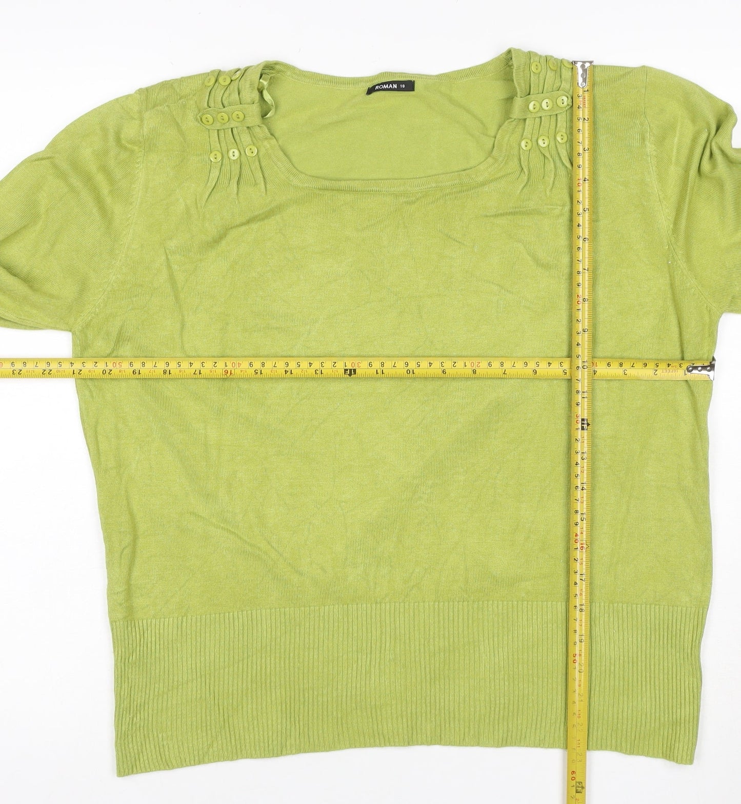 Roman Women Green UK 18 3/4 Sleeve Scoop Neck Button Knit Jumper