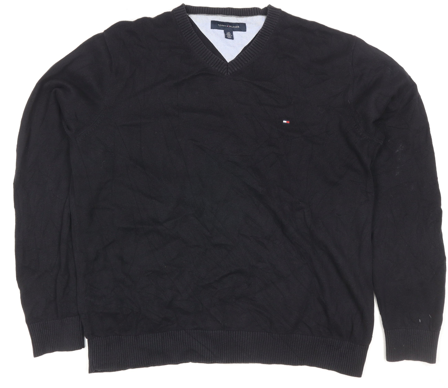 Tommy Hilfiger Men's Black L V-Neck Cotton Logo Pullover Jumper
