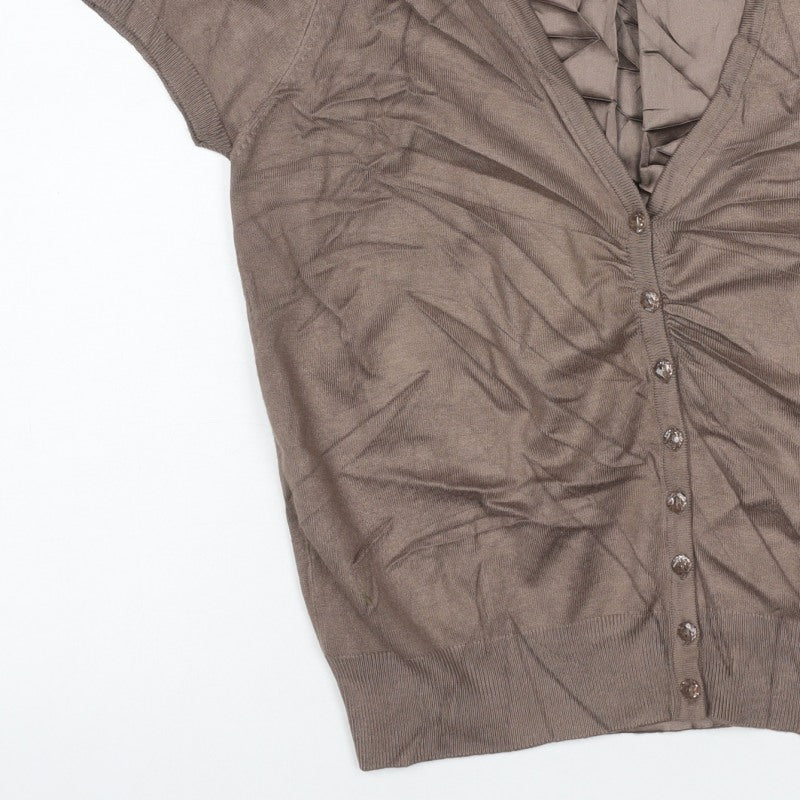 M&S Autograph Women Brown UK 12 V-Neck Ruffle Button Cardigan